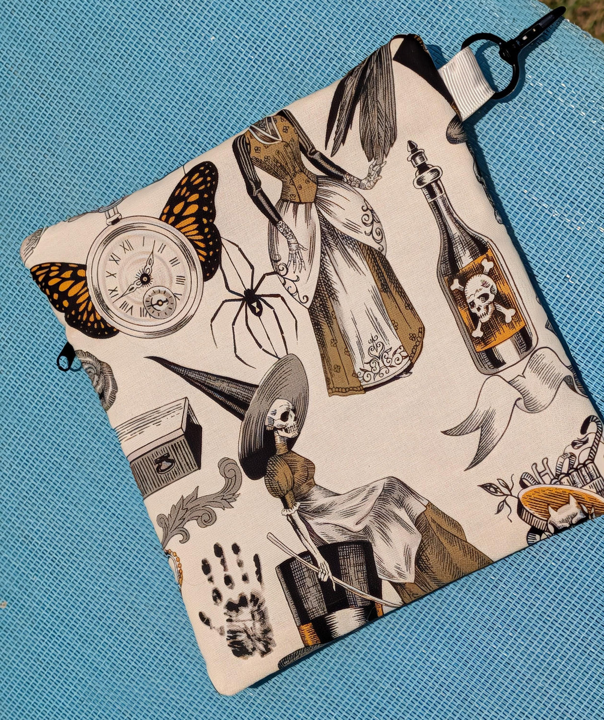 Vintage Halloween Zipper Pouch with Clip | Gothic Witch & Skeleton Makeup Bag | Mid-Century Macabre Accessory Bag | Spooky Everyday Pouch