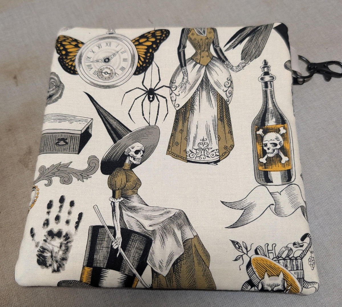 Vintage Halloween Zipper Pouch with Clip | Gothic Witch & Skeleton Makeup Bag | Mid-Century Macabre Accessory Bag | Spooky Everyday Pouch