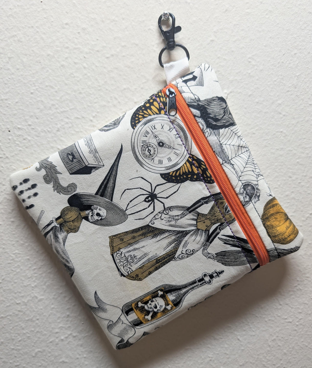 Vintage Halloween Zipper Pouch with Clip | Gothic Witch & Skeleton Makeup Bag | Mid-Century Macabre Accessory Bag | Spooky Everyday Pouch