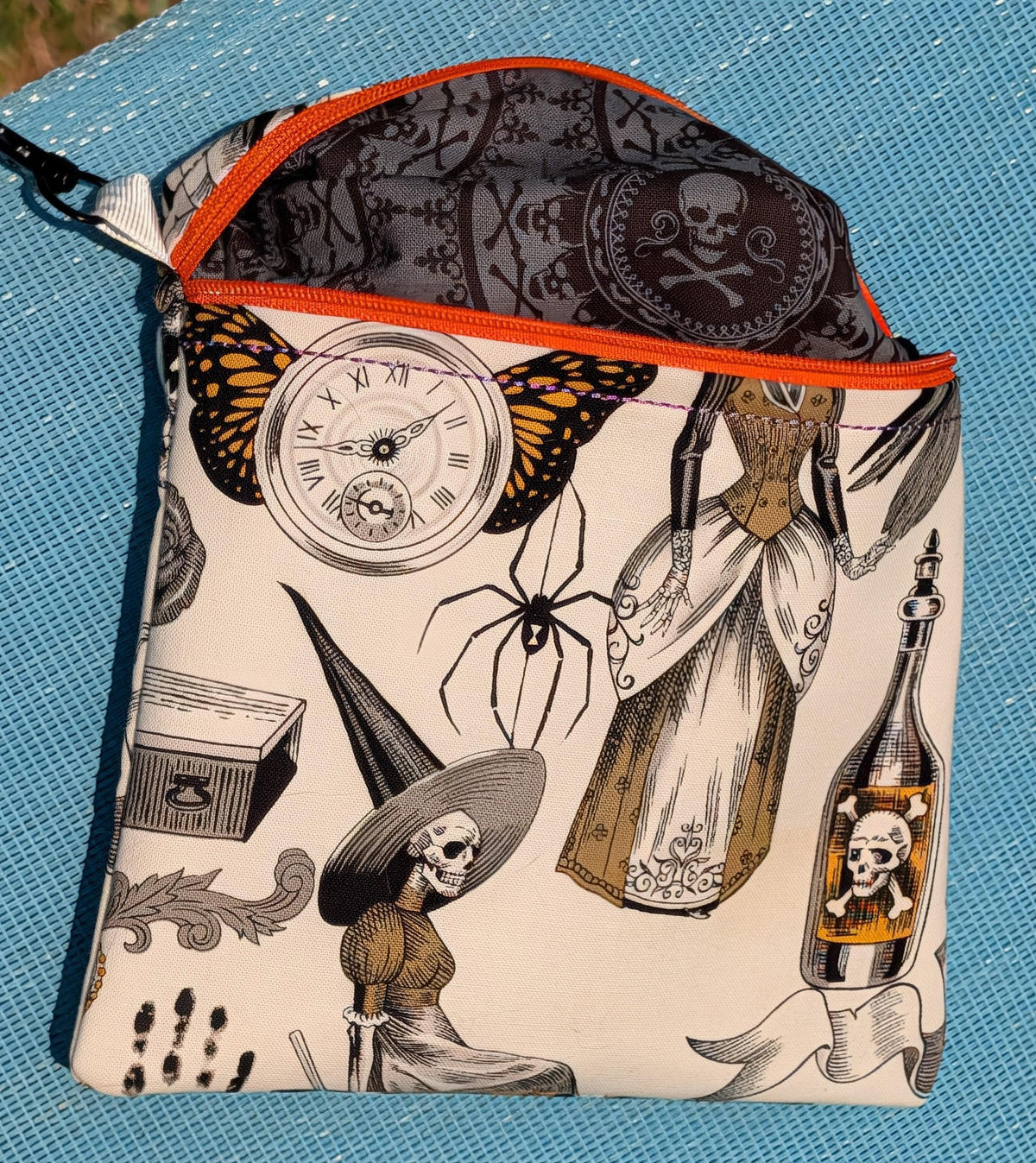 Vintage Halloween Zipper Pouch with Clip | Gothic Witch & Skeleton Makeup Bag | Mid-Century Macabre Accessory Bag | Spooky Everyday Pouch