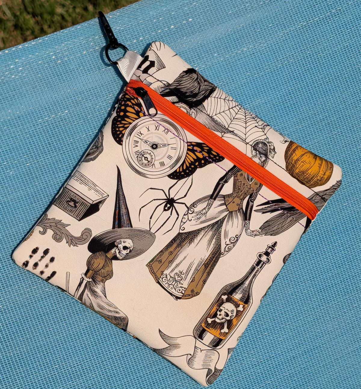 Vintage Halloween Zipper Pouch with Clip | Gothic Witch & Skeleton Makeup Bag | Mid-Century Macabre Accessory Bag | Spooky Everyday Pouch