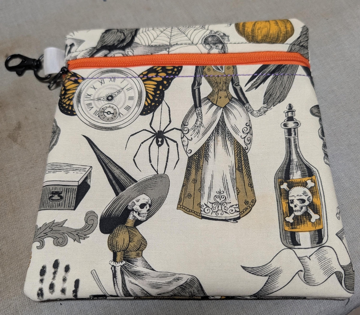 Vintage Halloween Zipper Pouch with Clip | Gothic Witch & Skeleton Makeup Bag | Mid-Century Macabre Accessory Bag | Spooky Everyday Pouch