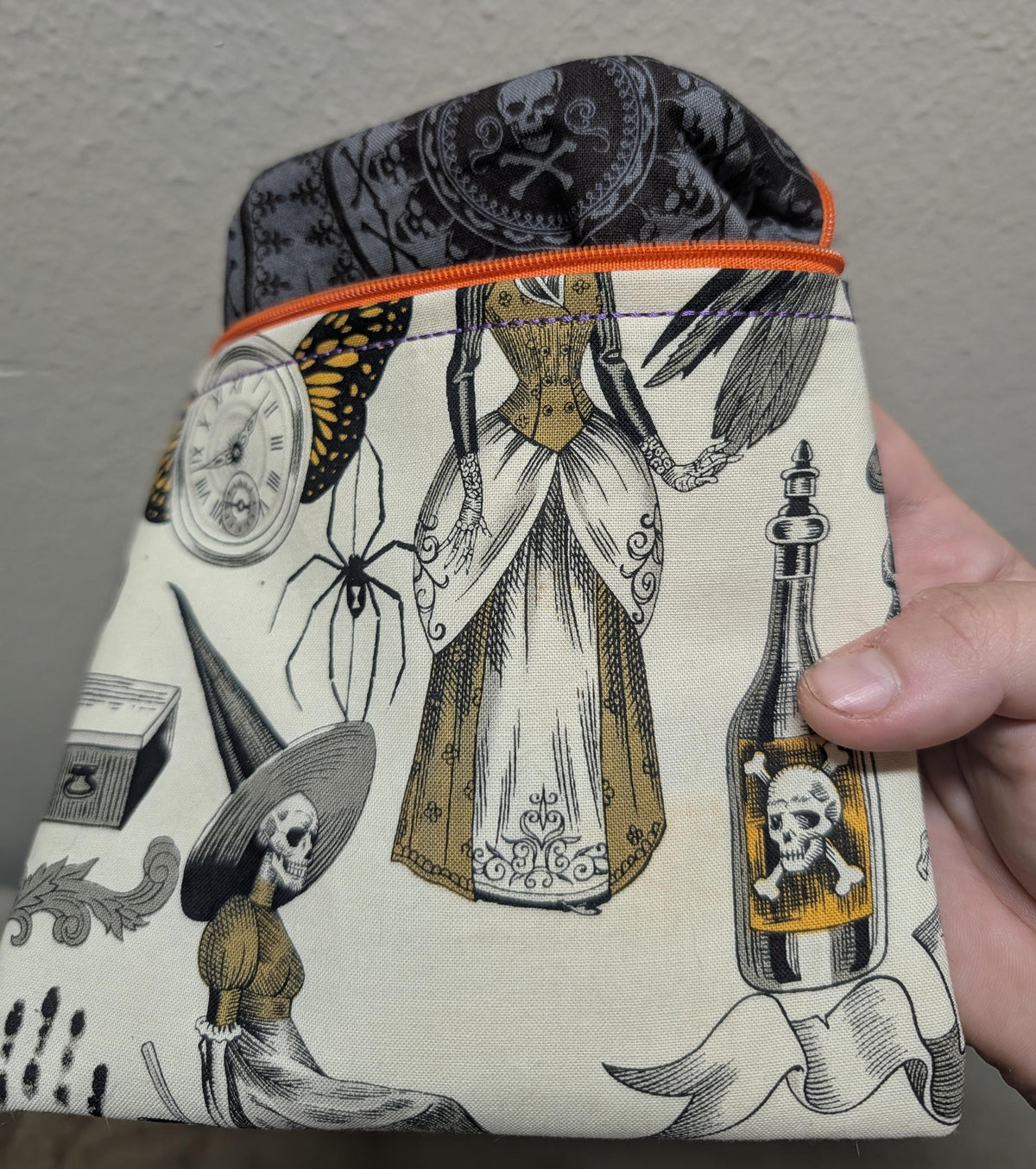 Vintage Halloween Zipper Pouch with Clip | Gothic Witch & Skeleton Makeup Bag | Mid-Century Macabre Accessory Bag | Spooky Everyday Pouch