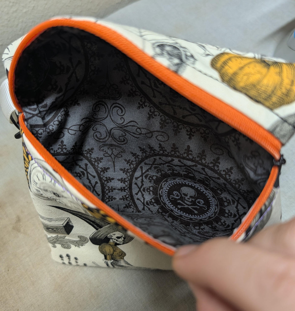 Vintage Halloween Zipper Pouch with Clip | Gothic Witch & Skeleton Makeup Bag | Mid-Century Macabre Accessory Bag | Spooky Everyday Pouch