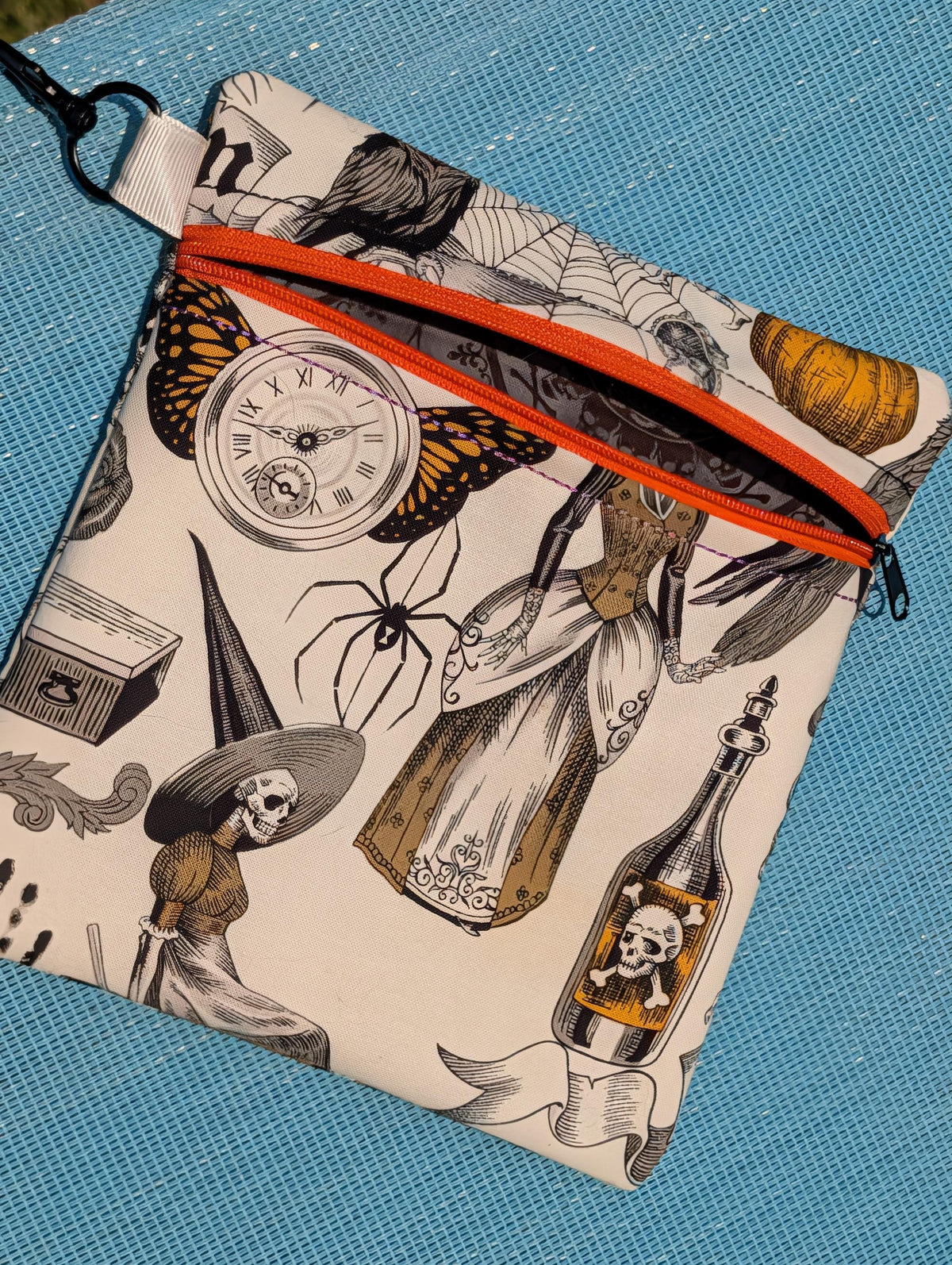 Vintage Halloween Zipper Pouch with Clip | Gothic Witch & Skeleton Makeup Bag | Mid-Century Macabre Accessory Bag | Spooky Everyday Pouch