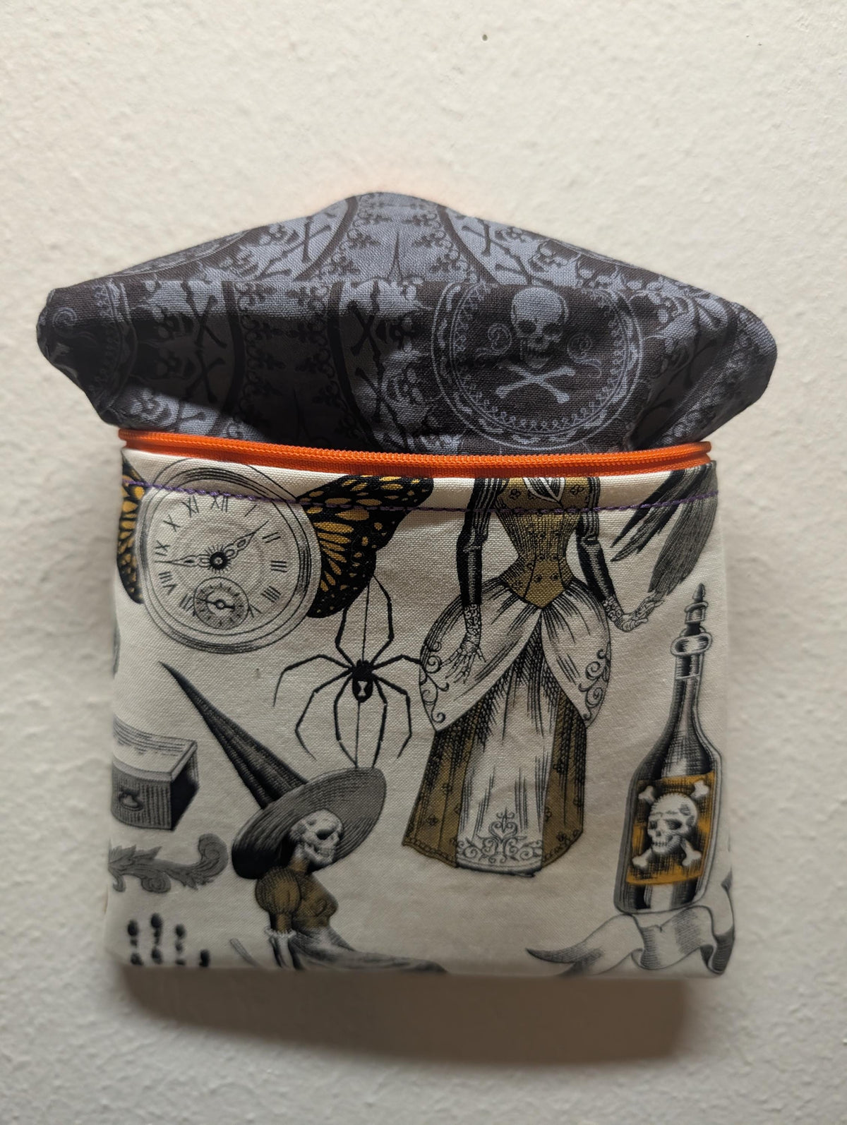 Vintage Halloween Zipper Pouch with Clip | Gothic Witch & Skeleton Makeup Bag | Mid-Century Macabre Accessory Bag | Spooky Everyday Pouch