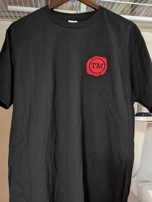 Taskmaster Wax Seal Embroidered Black T-Shirt | Classic Red Wax Seal Chest Embroidery | Unisex Cotton Tee